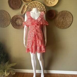 Mini Dress Red White Floral Ruffles Flutter Cold Shoulder Cottagecore Boho Small